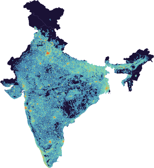 Density map of enumerated businesses across India, brighter where Agent Odin has mapped more shops.